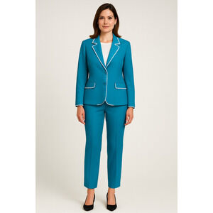 NWT! Dialogue Plus Size 2X Cotton Pantsuit 2-Piece Suit Blazer Crop Pants Blue